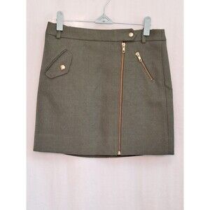 J.Crew Sage Green 100% Wool Lined Mini Skirt Gold Zipper Accent Retro EUC Size 0